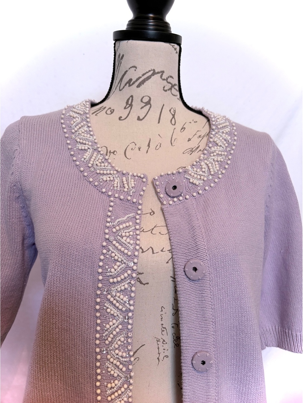 Isaac Mizrahi Live Lavender Beaded Cardigan Sweater Size S 100% Cotto